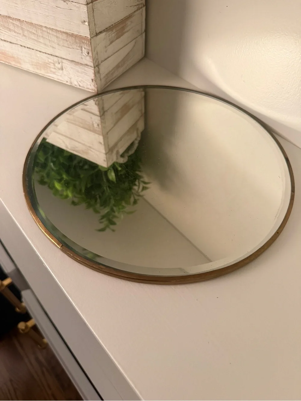 Vintage Round Mirrored Display Plateau Brass Trim 10” Centerpiece Vanity Tray